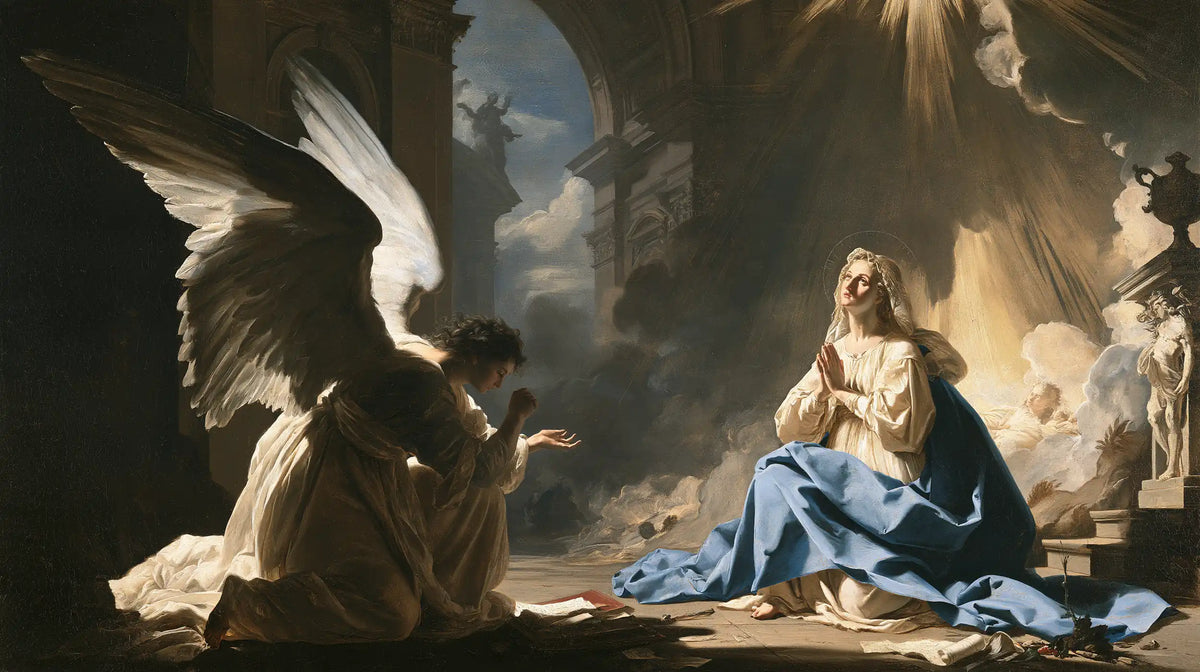 the Annunciation in a monumental sacred view in Sacred Monumental View style, landscape Christian artwork no. 6