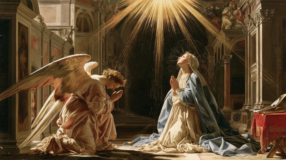 the Annunciation in a monumental sacred view in Sacred Monumental View style, landscape Christian artwork no. 8