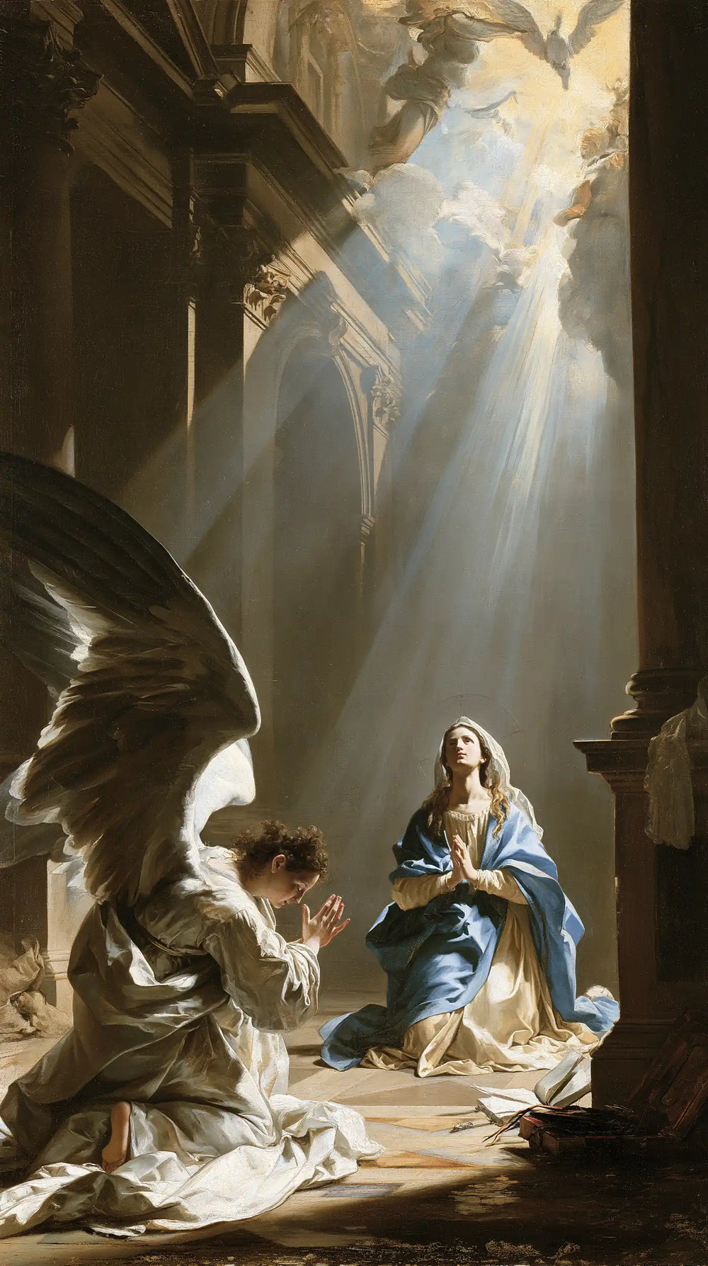 the Annunciation in a monumental sacred view in Sacred Monumental View style, portrait Christian artwork no. 5