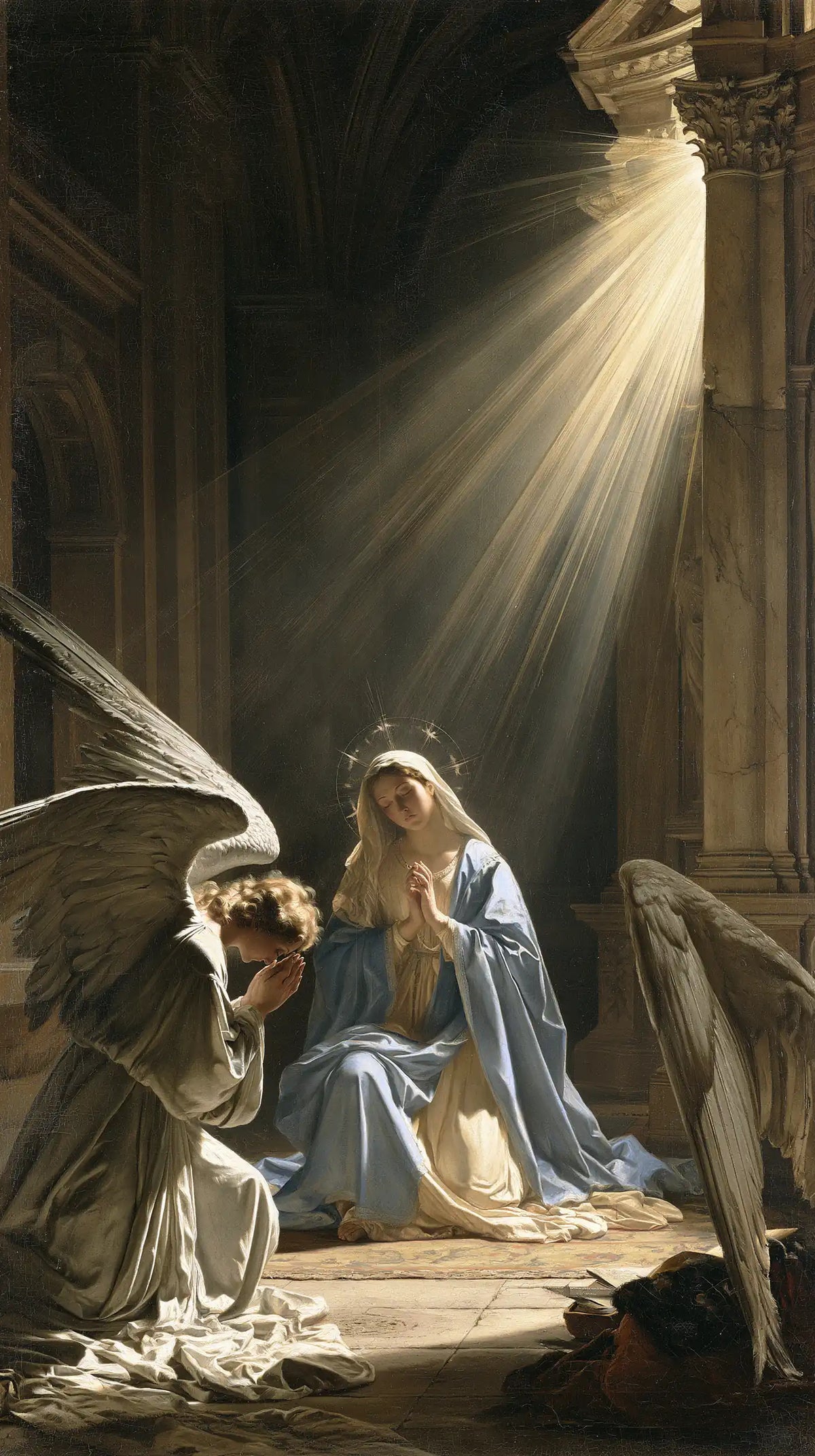 the Annunciation in a monumental sacred view in Sacred Monumental View style, portrait Christian artwork no. 8