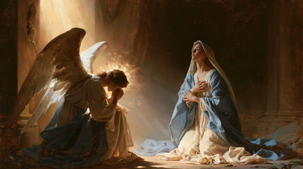 Mary receiving Gabriel's message in sacred surprise in Sacred Surprise style, landscape Christian artwork no. 7