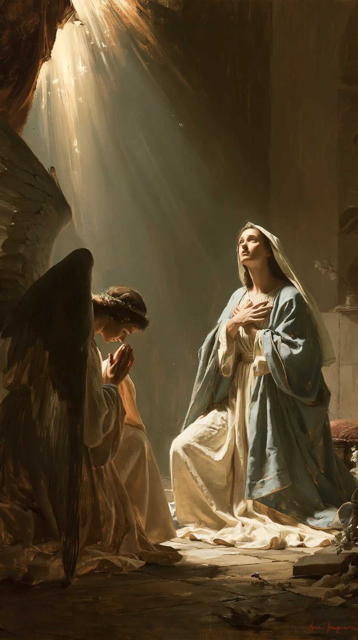 Mary receiving Gabriel's message in sacred surprise in Sacred Surprise style, portrait Christian artwork no. 4