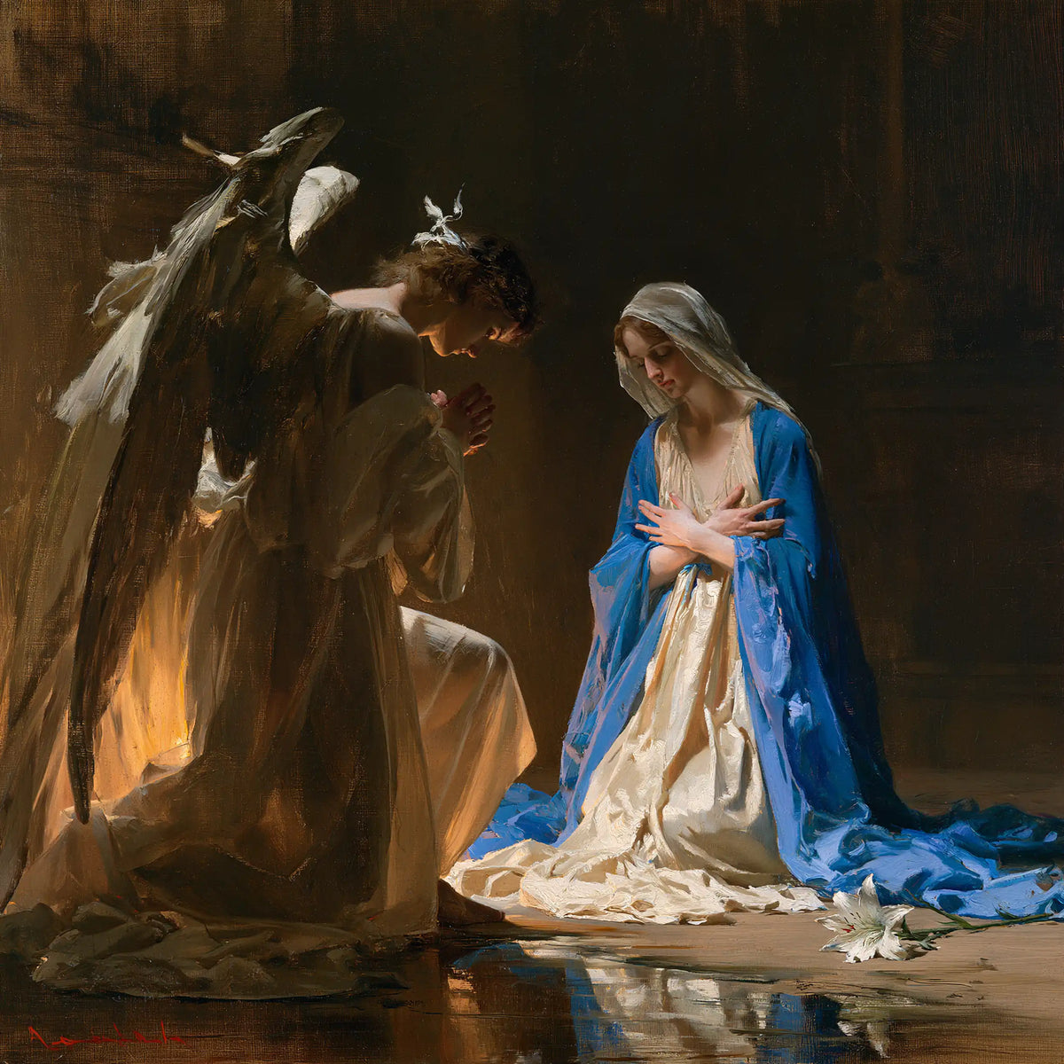 Mary in contemplative silence at the Annunciation in The Silence of Mary style, square Christian artwork no. 1