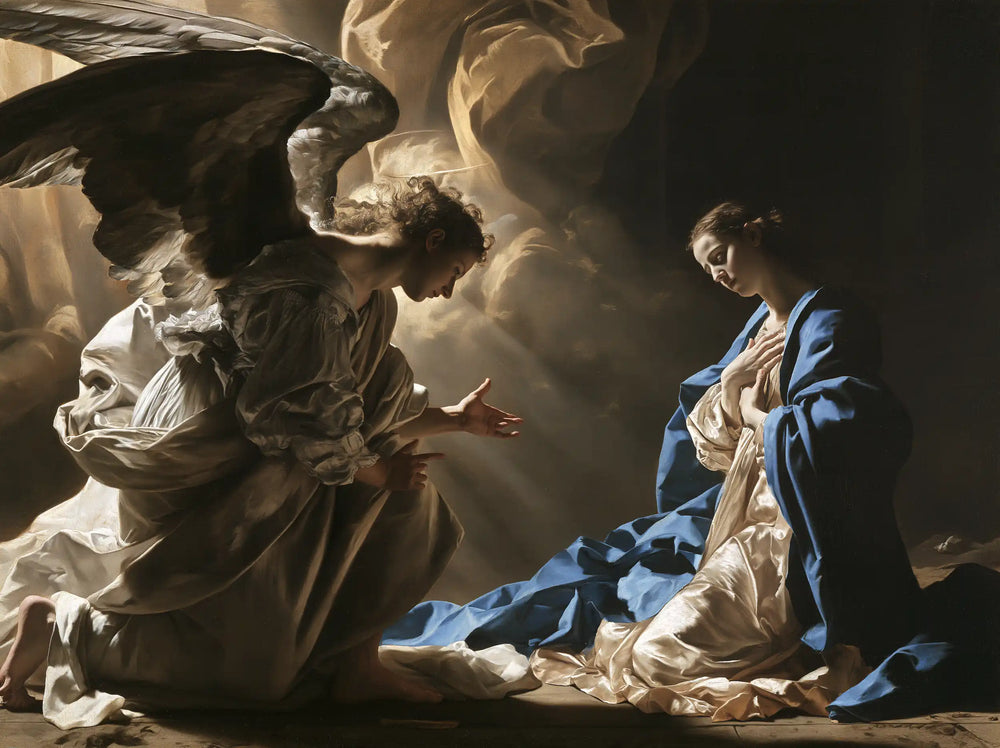 the Annunciation in a theatrical Baroque scene in Theatrical Baroque style, landscape Christian artwork no. 1