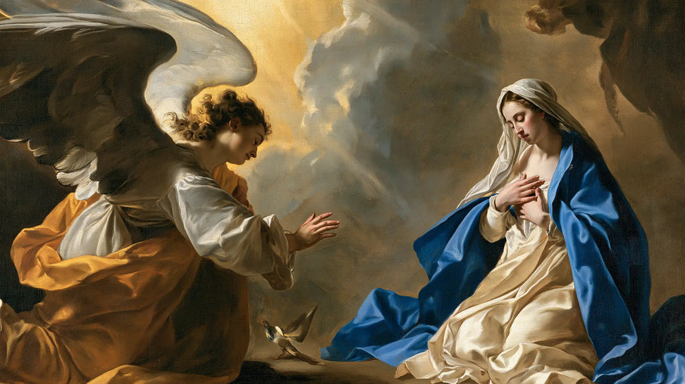 the Annunciation in a theatrical Baroque scene in Theatrical Baroque style, landscape Christian artwork no. 11
