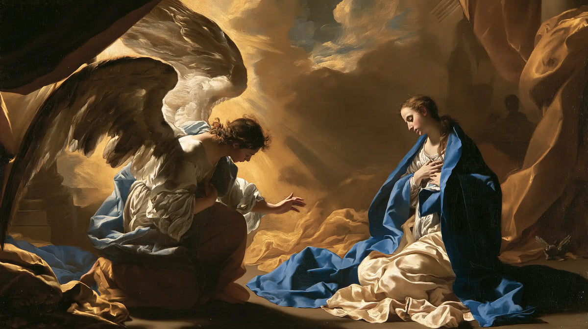 the Annunciation in a theatrical Baroque scene in Theatrical Baroque style, landscape Christian artwork no. 12