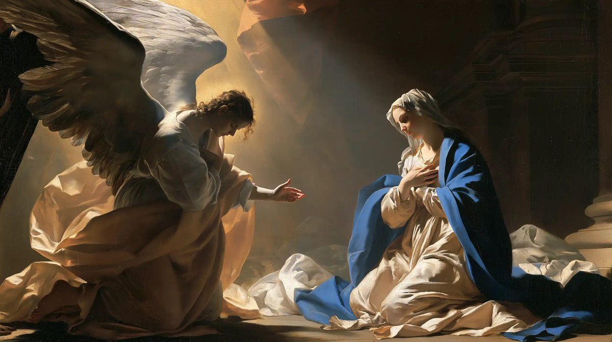 the Annunciation in a theatrical Baroque scene in Theatrical Baroque style, landscape Christian artwork no. 14