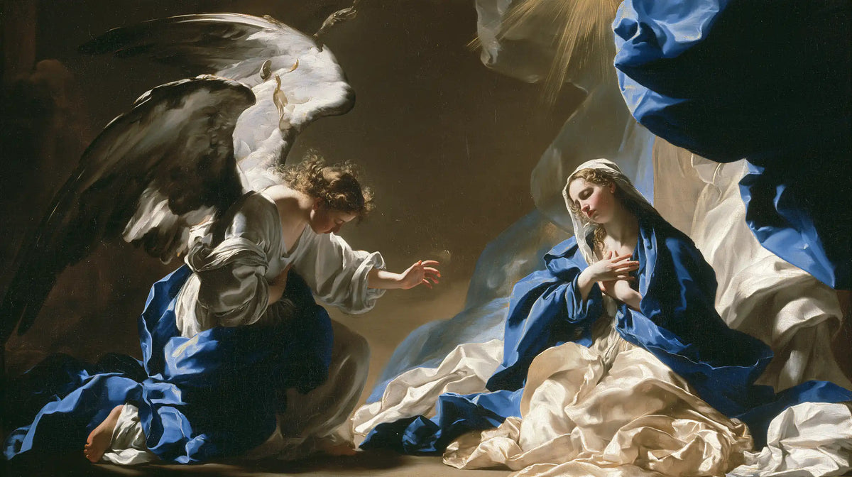 the Annunciation in a theatrical Baroque scene in Theatrical Baroque style, landscape Christian artwork no. 15