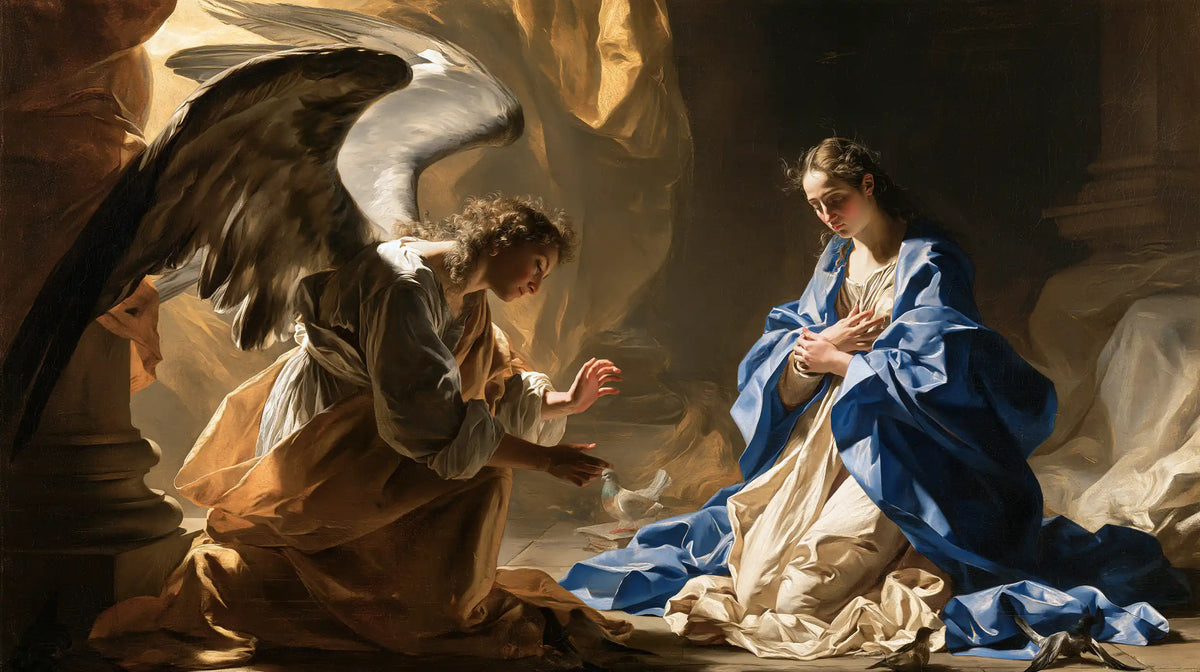 the Annunciation in a theatrical Baroque scene in Theatrical Baroque style, landscape Christian artwork no. 17