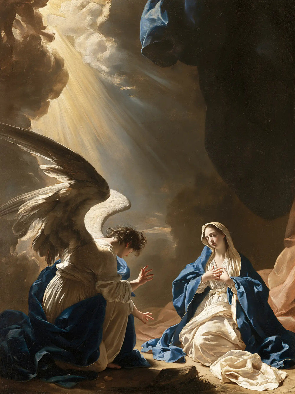 the Annunciation in a theatrical Baroque scene in Theatrical Baroque style, portrait Christian artwork no. 17