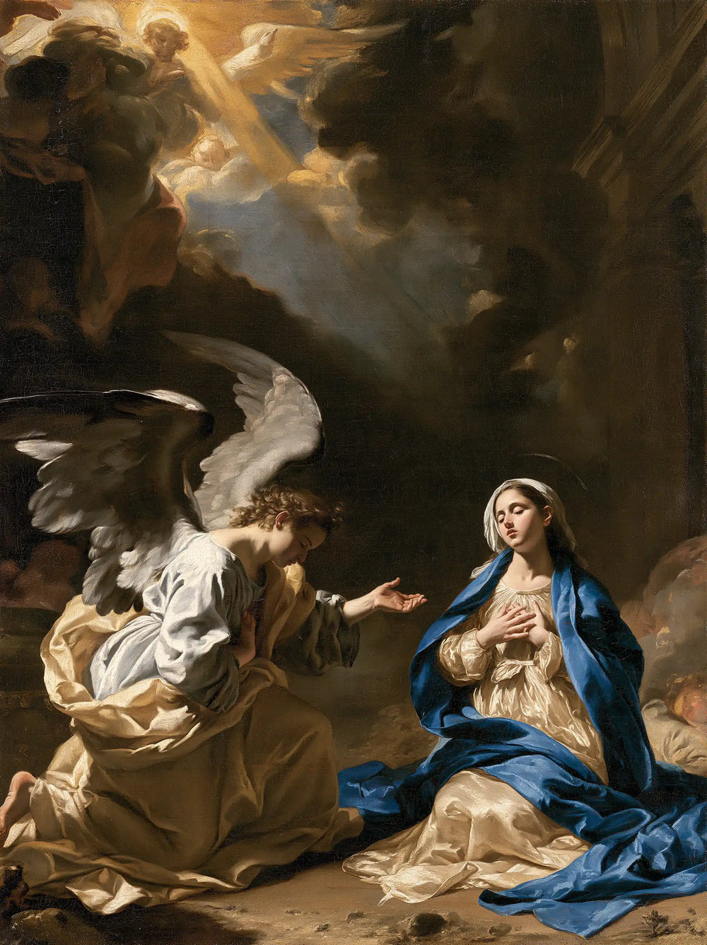 the Annunciation in a theatrical Baroque scene in Theatrical Baroque style, portrait Christian artwork no. 22