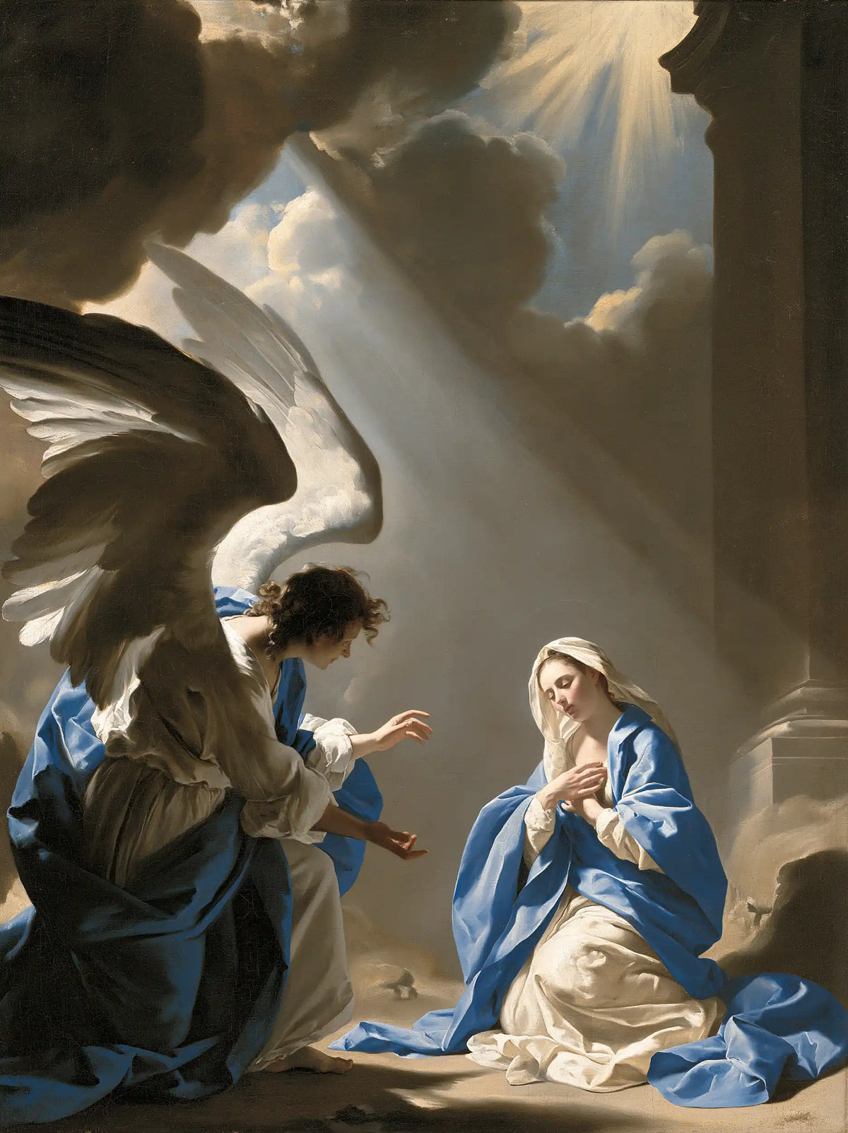 the Annunciation in a theatrical Baroque scene in Theatrical Baroque style, portrait Christian artwork no. 23