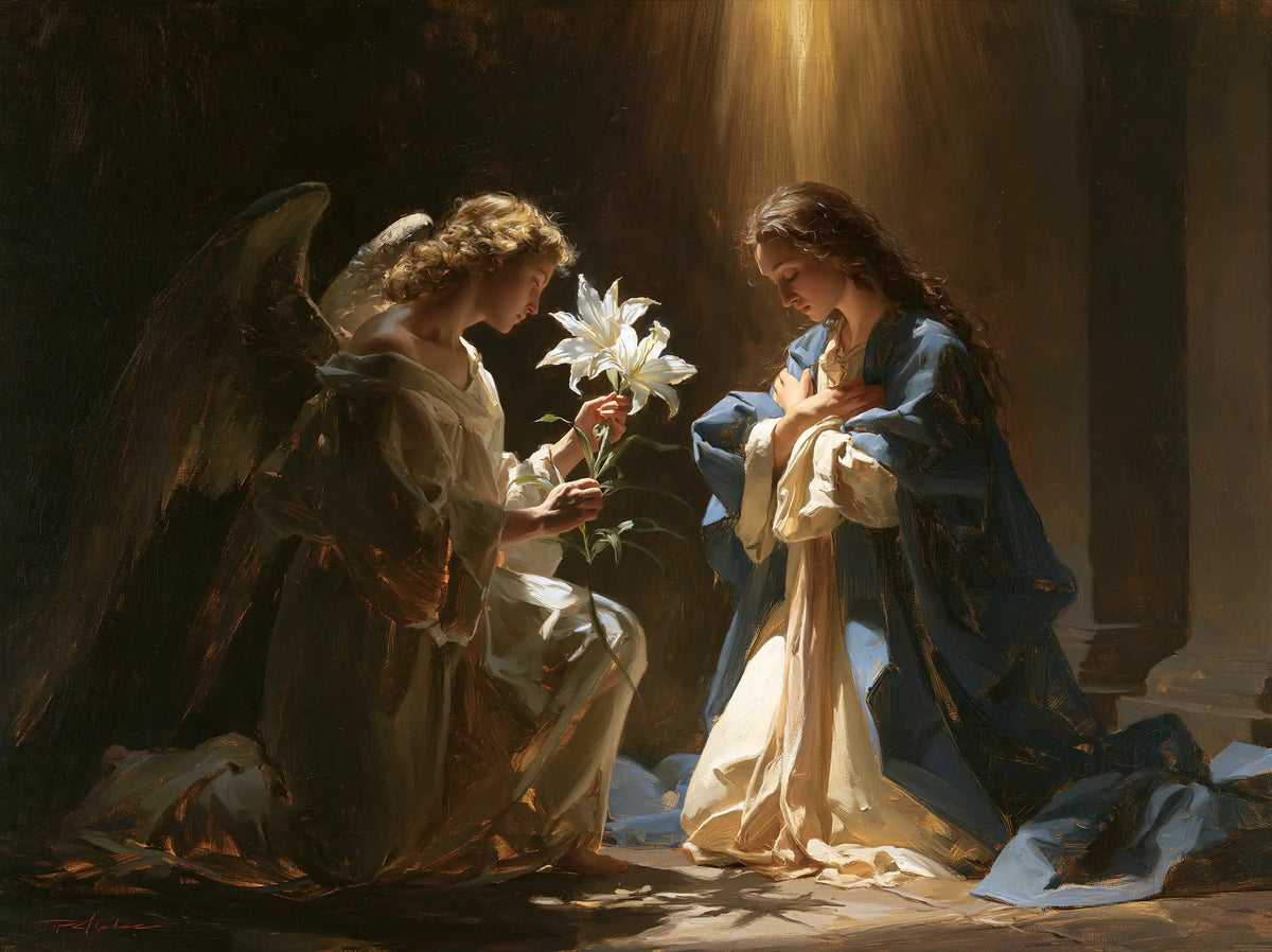 the Annunciation with the white lily as a central symbol in The White Lily as Symbol style, landscape Christian artwork no. 3