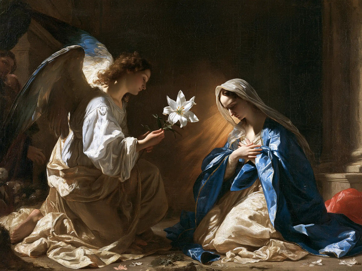 the Annunciation with the white lily as a central symbol in The White Lily as Symbol style, landscape Christian artwork no. 12
