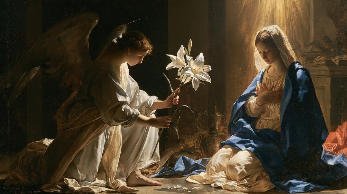 the Annunciation with the white lily as a central symbol in The White Lily as Symbol style, landscape Christian artwork no. 14