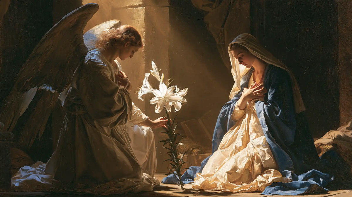 the Annunciation with the white lily as a central symbol in The White Lily as Symbol style, landscape Christian artwork no. 21