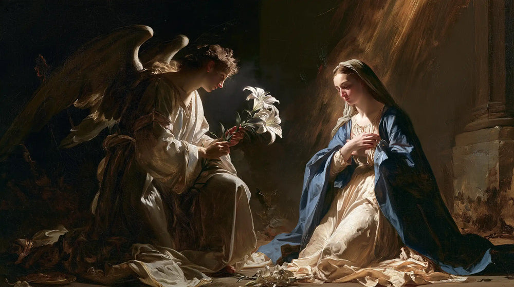 the Annunciation with the white lily as a central symbol in The White Lily as Symbol style, landscape Christian artwork no. 22