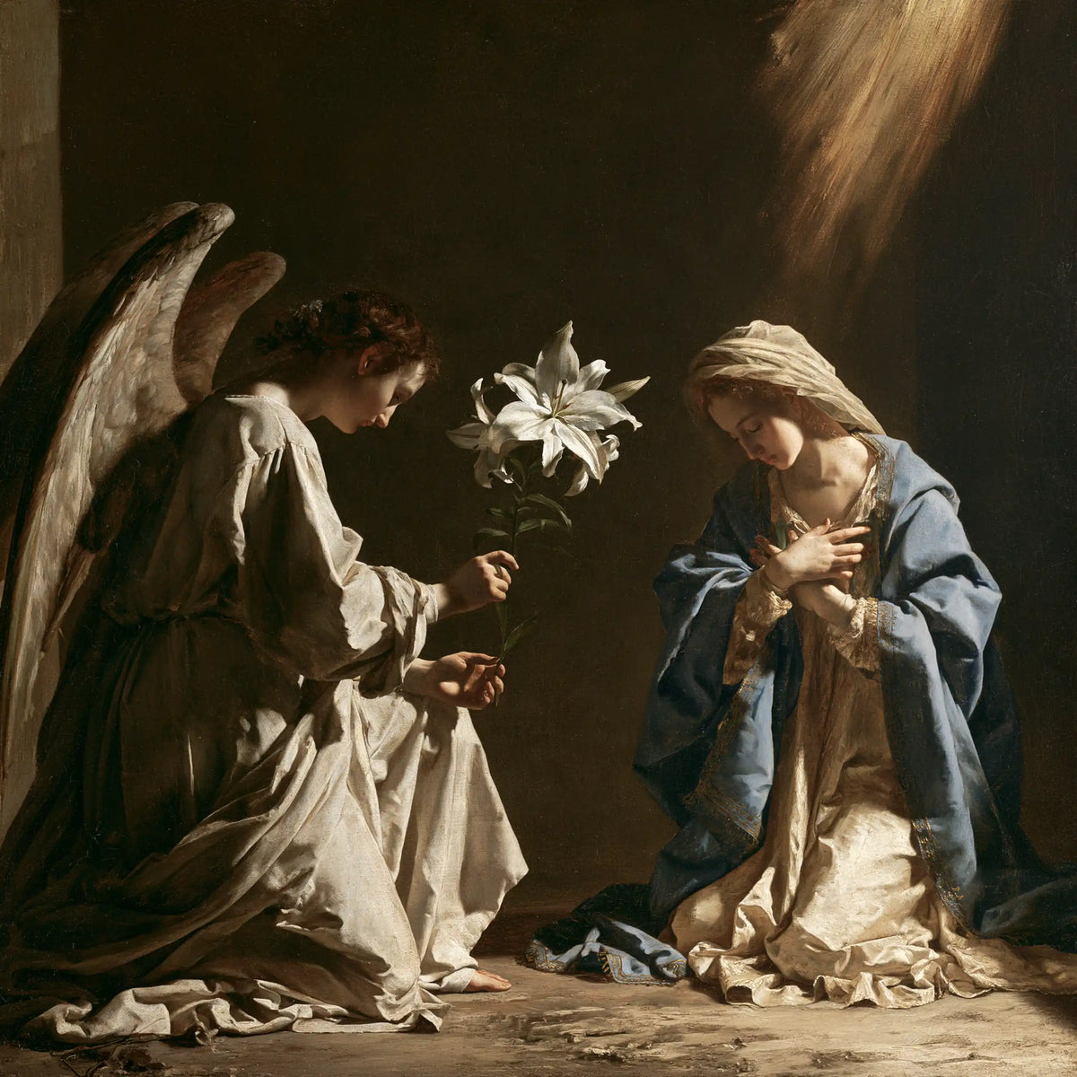 the Annunciation with the white lily as a central symbol in The White Lily as Symbol style, square Christian artwork no. 2