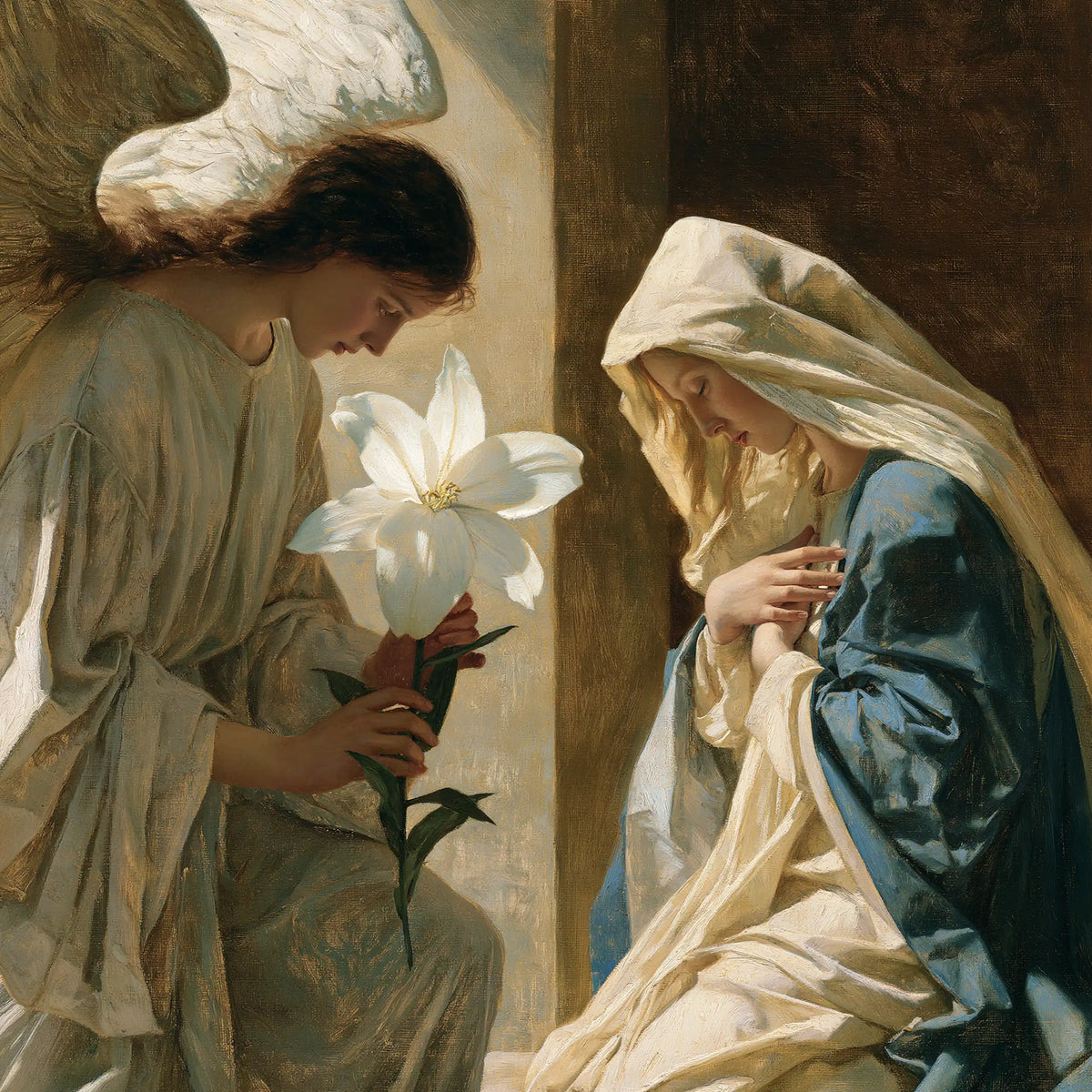 the Annunciation with the white lily as a central symbol in The White Lily as Symbol style, square Christian artwork no. 4