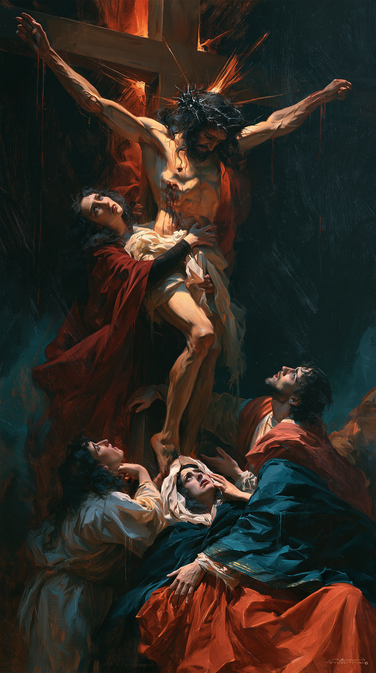 The Crucifixion — Folded Blue beneath Red Glimmers