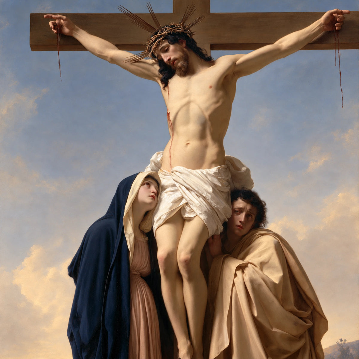 Christ on the Cross in mary and john beneath the cross, square original AI-generated Christian artwork
