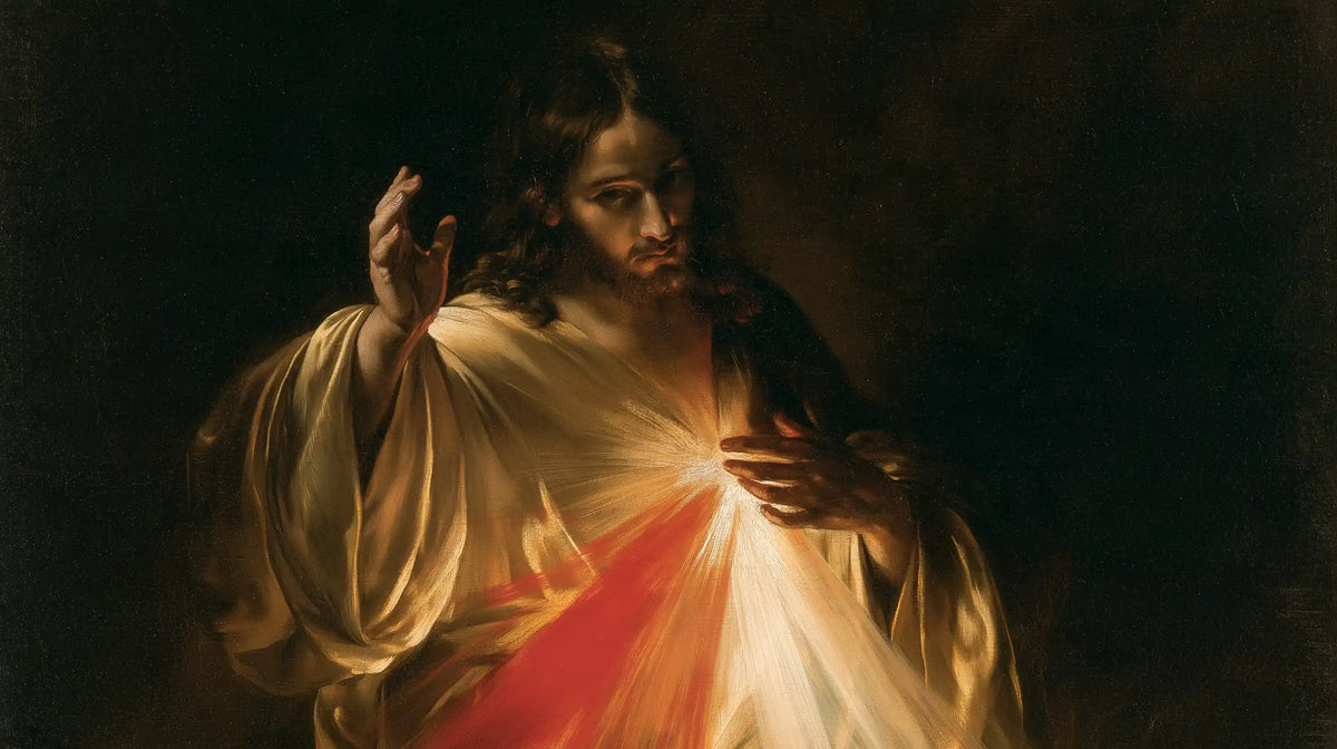 Divine Mercy Jesus in dramatic chiaroscuro in Caravaggio Tenebrism style, landscape Christian artwork no. 3