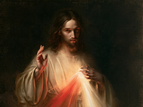 Divine Mercy Jesus in a minimalist composition in Contemporary Minimalism style, landscape Christian artwork no. 1