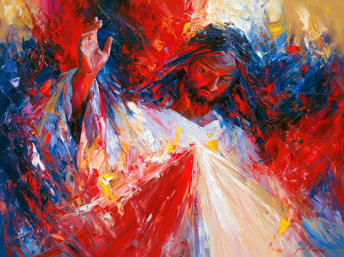 Jesus as Divine Mercy with red and pale rays, expressionist landscape Christian artwork