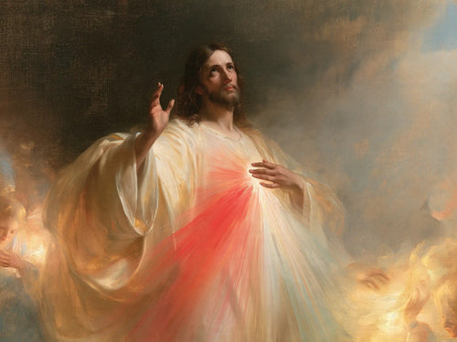 the glory of Divine Mercy Jesus in Glory of the Merciful Christ style, landscape Christian artwork no. 2