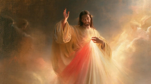 the glory of Divine Mercy Jesus in Glory of the Merciful Christ style, landscape Christian artwork no. 5