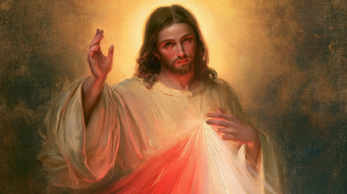 Divine Mercy Jesus raising his hand in blessing in Jesus Blessing style, landscape Christian artwork no. 5