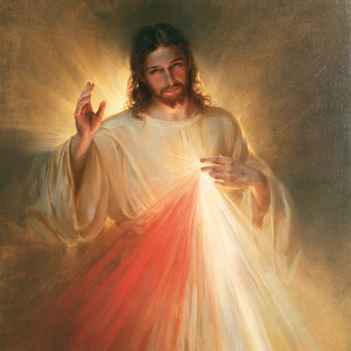 Divine Mercy Jesus raising his hand in blessing in Jesus Blessing style, square Christian artwork no. 1