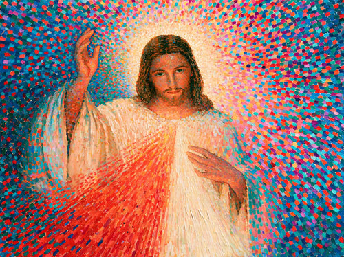 Jesus as Divine Mercy with red and pale rays, pointillist & neo-impressionist landscape Christian artwork