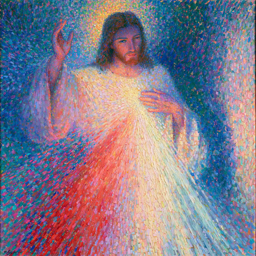 Jesus as Divine Mercy with red and pale rays, pointillist & neo-impressionist square Christian artwork