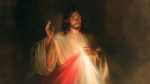 Divine Mercy Jesus with radiant red and pale rays in Rays of Mercy style, landscape Christian artwork no. 3