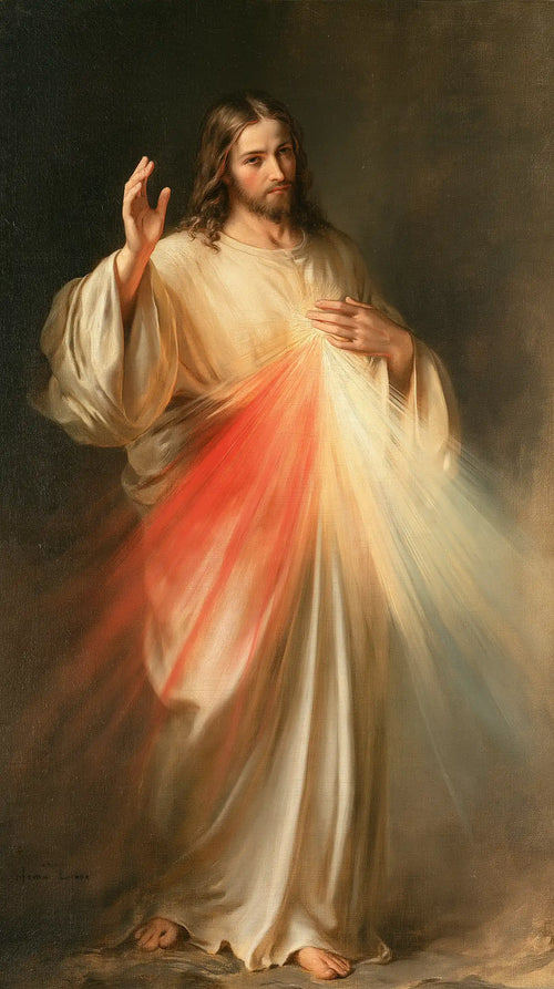 Divine Mercy Jesus with radiant red and pale rays in Rays of Mercy style, portrait Christian artwork no. 2