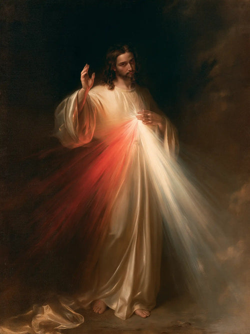 Divine Mercy Jesus with radiant red and pale rays in Rays of Mercy style, portrait Christian artwork no. 5