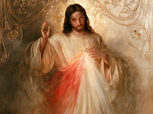 Divine Mercy Jesus framed by sacred Art Nouveau ornament in Sacred Art Nouveau style, landscape Christian artwork no. 1