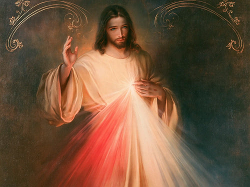 Divine Mercy Jesus framed by sacred Art Nouveau ornament in Sacred Art Nouveau style, landscape Christian artwork no. 4
