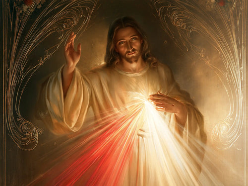Divine Mercy Jesus framed by sacred Art Nouveau ornament in Sacred Art Nouveau style, landscape Christian artwork no. 6