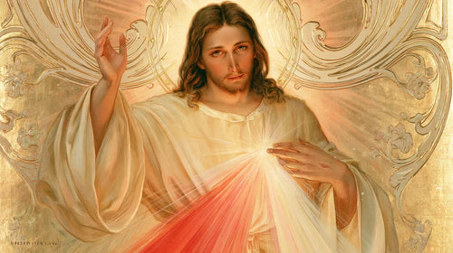 Divine Mercy Jesus framed by sacred Art Nouveau ornament in Sacred Art Nouveau style, landscape Christian artwork no. 13