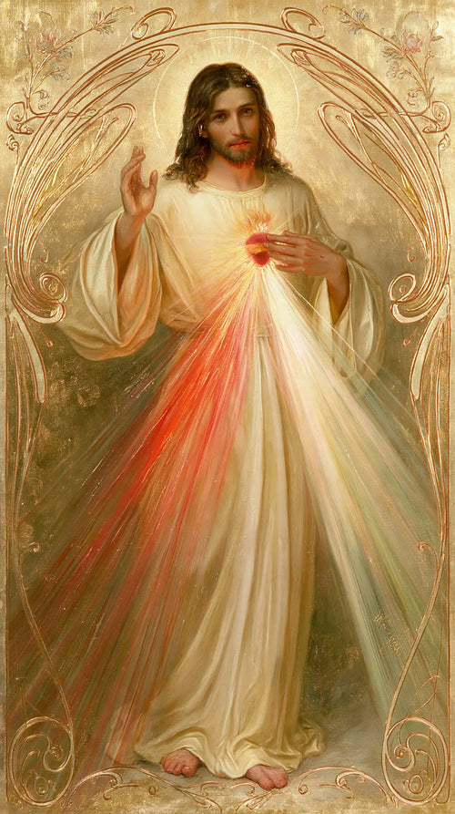 Divine Mercy Jesus framed by sacred Art Nouveau ornament in Sacred Art Nouveau style, portrait Christian artwork no. 3
