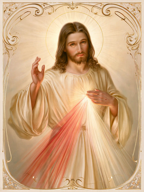 Divine Mercy Jesus framed by sacred Art Nouveau ornament in Sacred Art Nouveau style, portrait Christian artwork no. 12