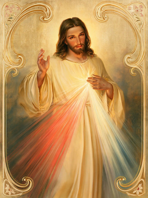 Divine Mercy Jesus framed by sacred Art Nouveau ornament in Sacred Art Nouveau style, portrait Christian artwork no. 14