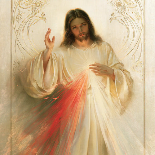 Divine Mercy Jesus framed by sacred Art Nouveau ornament in Sacred Art Nouveau style, square Christian artwork no. 1