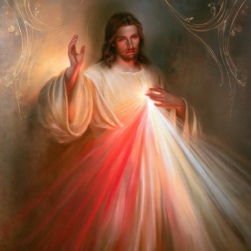 Divine Mercy Jesus framed by sacred Art Nouveau ornament in Sacred Art Nouveau style, square Christian artwork no. 5