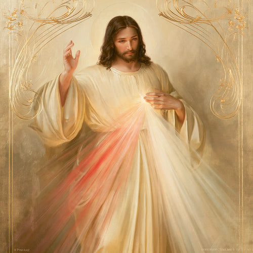 Divine Mercy Jesus framed by sacred Art Nouveau ornament in Sacred Art Nouveau style, square Christian artwork no. 6