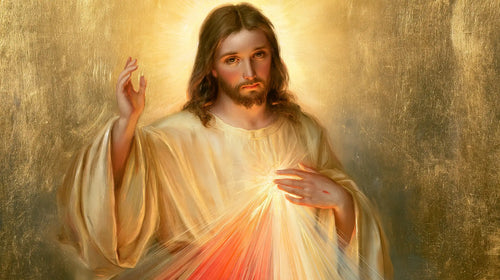 Divine Mercy Jesus in radiant golden light in Sacred Gold style, landscape Christian artwork no. 7