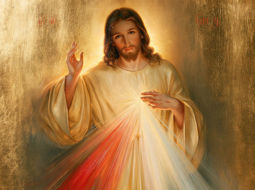 Divine Mercy Jesus in radiant golden light in Sacred Gold style, landscape Christian artwork no. 10