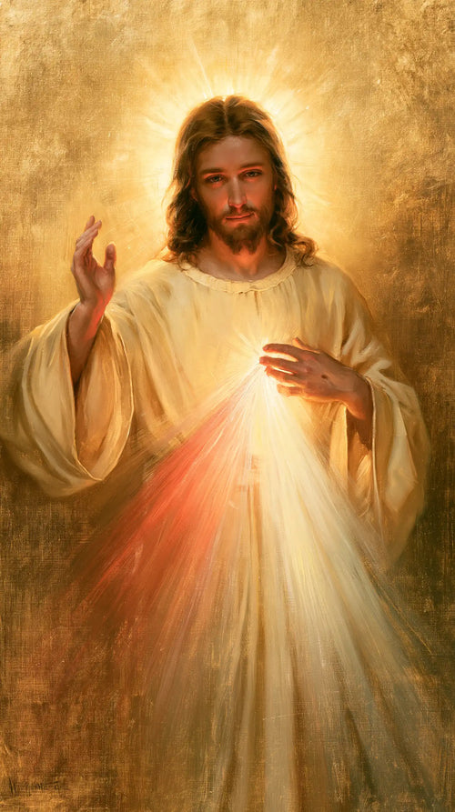 Divine Mercy Jesus in radiant golden light in Sacred Gold style, portrait Christian artwork no. 5